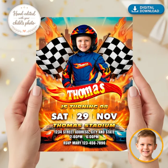 Race Car Birthday Invitation – Custom Wheel and Racing Photo Invitation – Delivered in 24h – Digital File