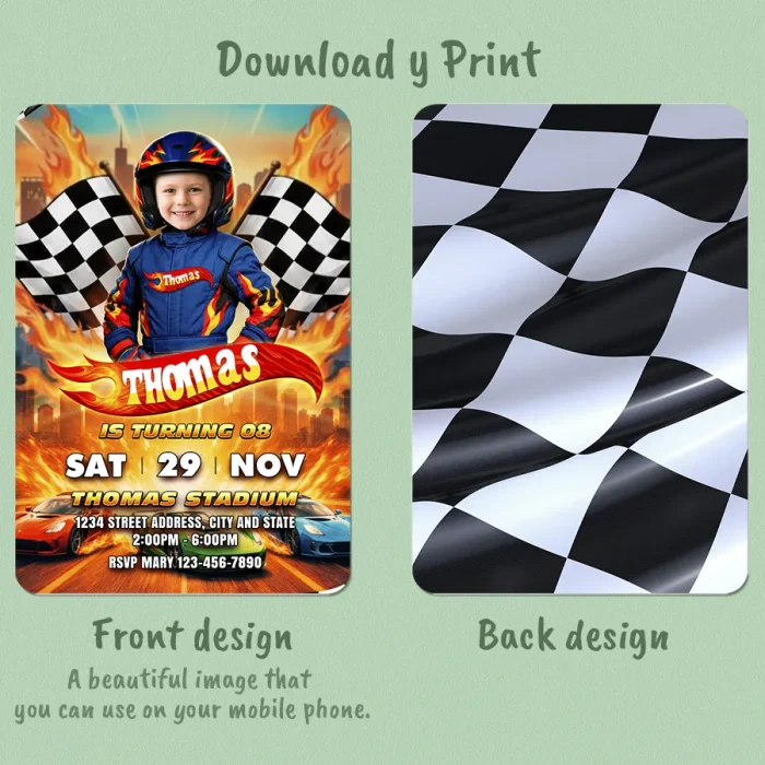Race Car Birthday Invitation – Custom Wheel and Racing Photo Invitation – Delivered in 24h – Digital File