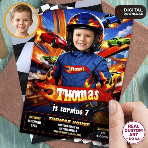 Car Race Birthday Invitation – Custom Wheel and Racing Photo Invitation – Delivered in 24h – Digital File