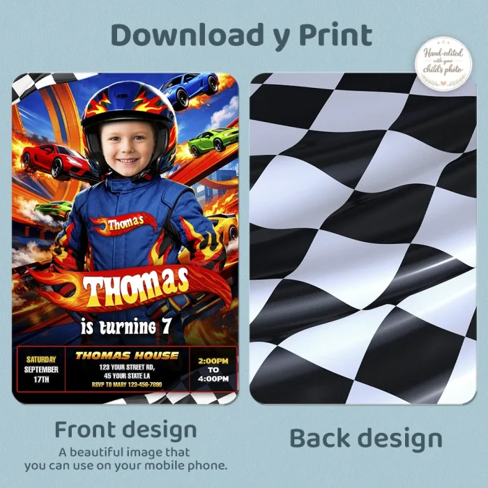 Car Race Birthday Invitation – Custom Wheel and Racing Photo Invitation – Delivered in 24h – Digital File