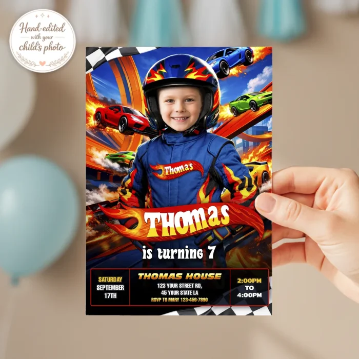 Car Race Birthday Invitation – Custom Wheel and Racing Photo Invitation – Delivered in 24h – Digital File