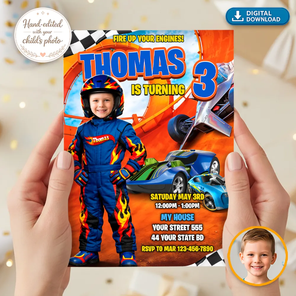 Custom Race Car Photo Invitation | Personalized Turbo Racing Team Invite 2 Race Car Photo Invitation – Custom Wheel and Racing Birthday Invitation – Delivered in 24h – Digital File