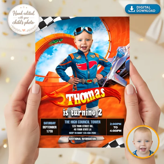 Race Car Photo Invitation – Custom Wheel and Racing Birthday Party Invitation – Delivered in 24h – Digital File
