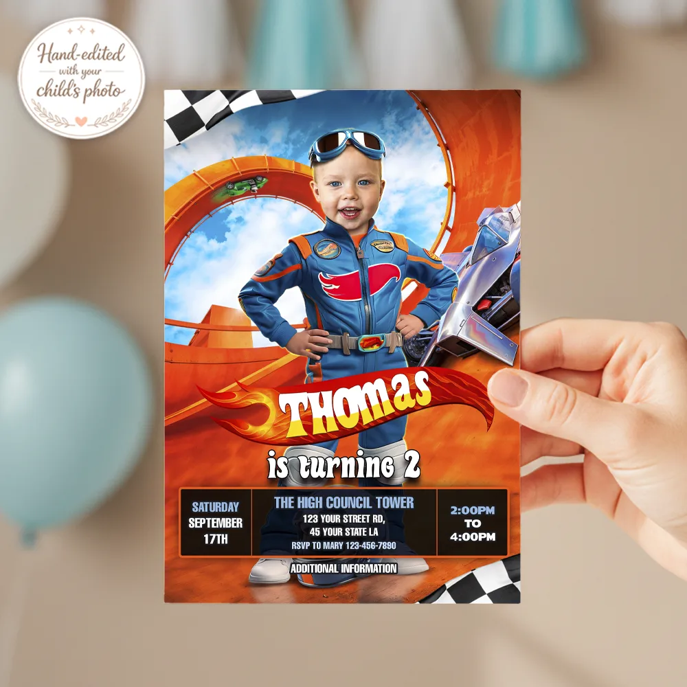Custom Race Car Photo Invitation | Personalised Racing Champion Invite 4 Race Car Photo Invitation – Custom Wheel and Racing Birthday Party Invitation – Delivered in 24h – Digital File