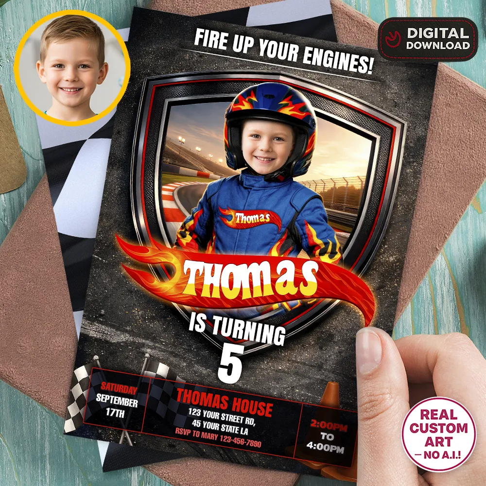 Custom Race Car Party Invitation | Personalized Pro Racer Photo Invite 1 Custom Race Car Party Invitation Pro Racer Photo