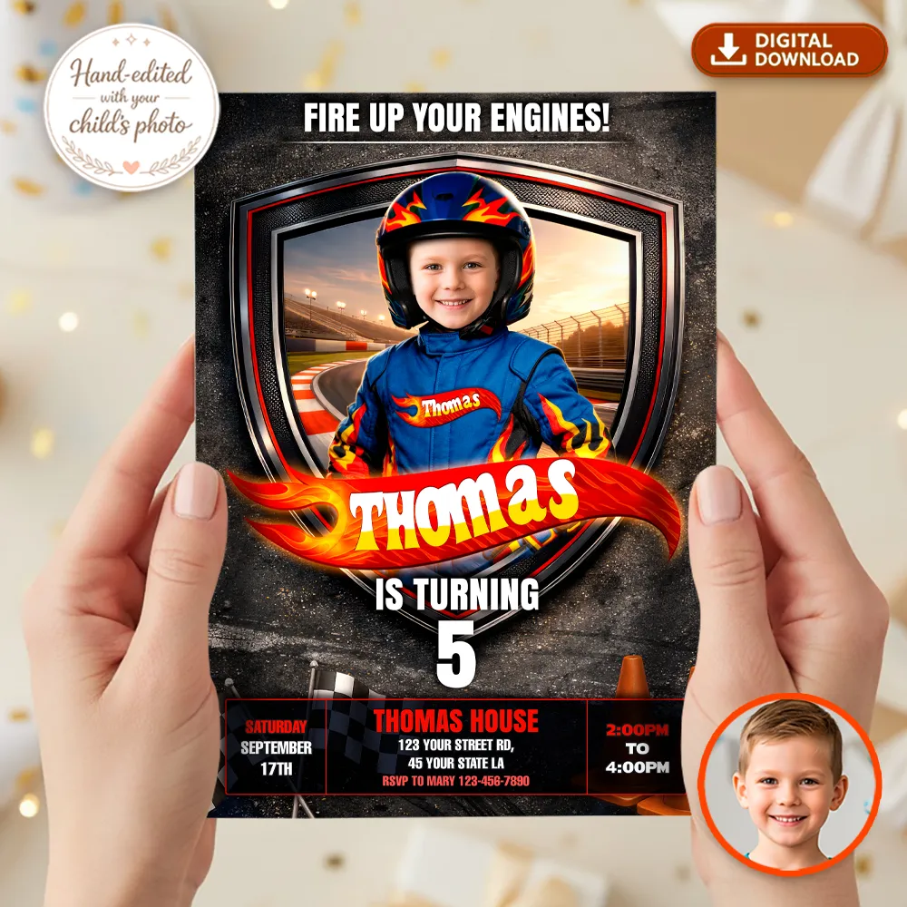 Custom Race Car Party Invitation | Personalized Pro Racer Photo Invite 2 Custom Race Car Party Invitation – Wheel and Racing Birthday Photo Invitation – Delivered in 24h – Digital File