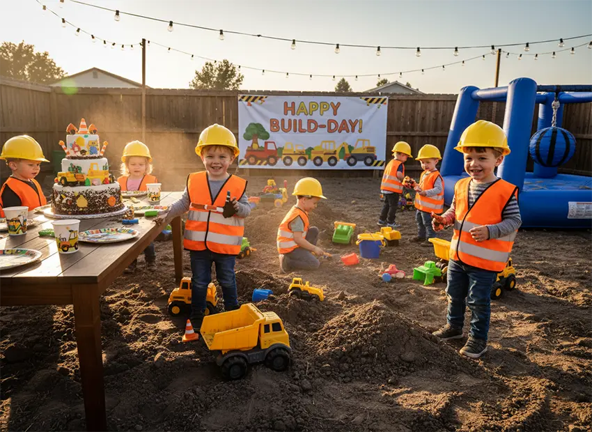 Construction birthday party theme with personalized photo invitations and decor