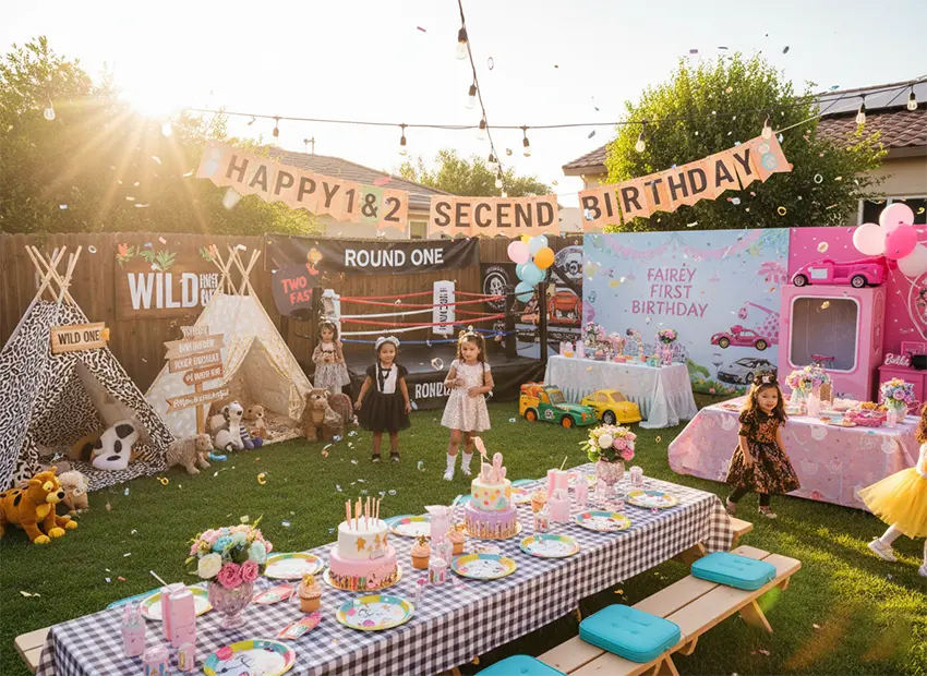 First and second birthday party theme ideas with personalized photo invitations