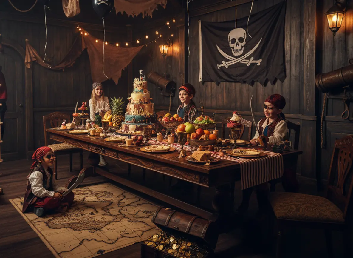 Pirate birthday party theme with personalized photo invitations and treasure hunt decor