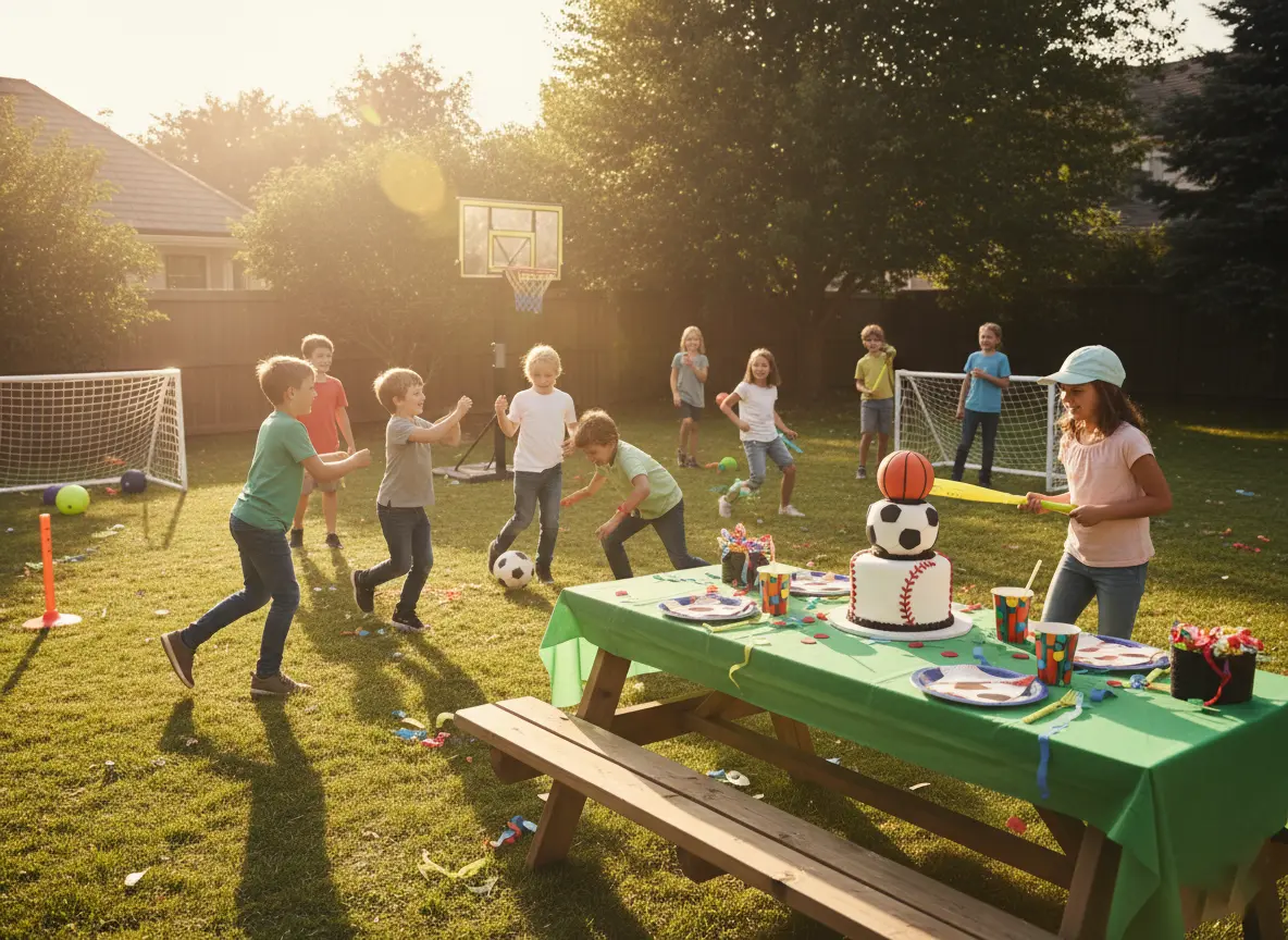 Sports birthday party theme with personalized photo invitations and sporty decor