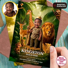Baby King on wooden throne surrounded by animals — Wild One photo invitation