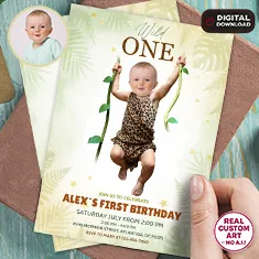 Baby Jungle Cub — Wild One photo invitation with leaf crown and linen textures