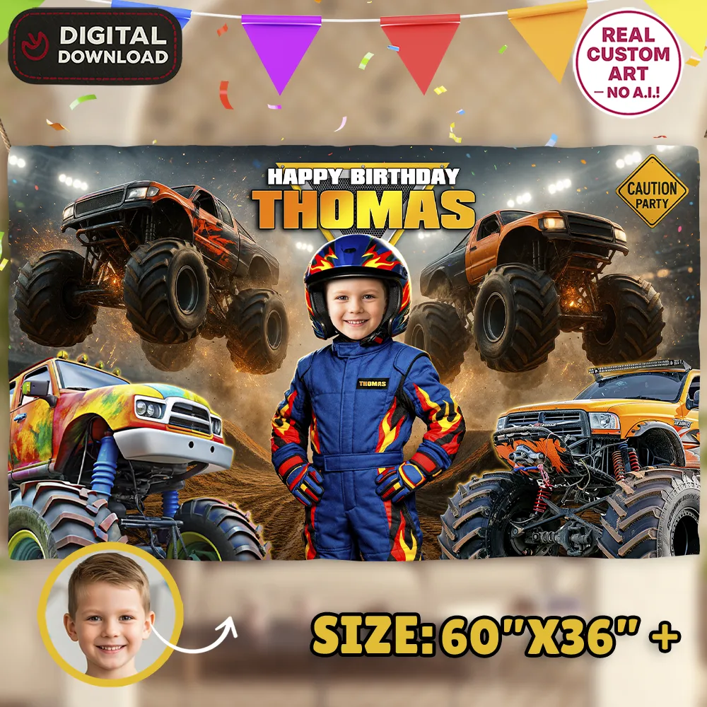 Blue Monster Truck Kids Banner | Personalized Racing Driver Birthday Sign 1 Custom Blue Monster Truck Kids Banner | Party Racing Sign