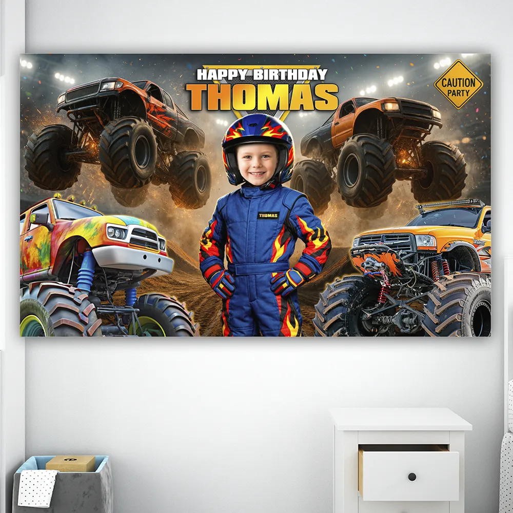 Blue Monster Truck Kids Banner | Personalized Racing Driver Birthday Sign 3 Custom Blue Monster Truck Kids Banner | Party Racing Sign
