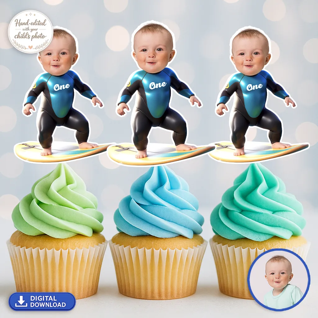 Baby Surf Cupcake Toppers | Custom Photo Cake Decor 1 Baby Surf Cupcake Toppers | Custom Photo Cake Decor