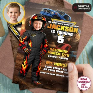 Custom Black Monster Truck Invitation | Big Wheels Invite