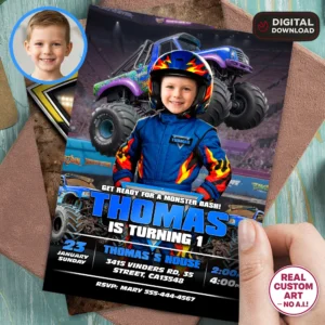 Blue Monster Truck Invitation | Personalized Big Wheels Invite