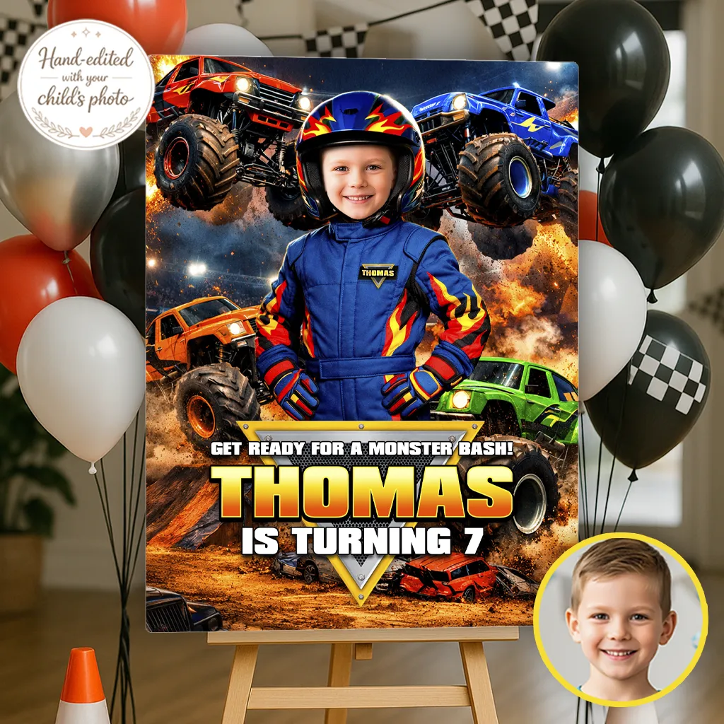 Monster Truck Welcome Sign Driving Action Edition personalized with child photo