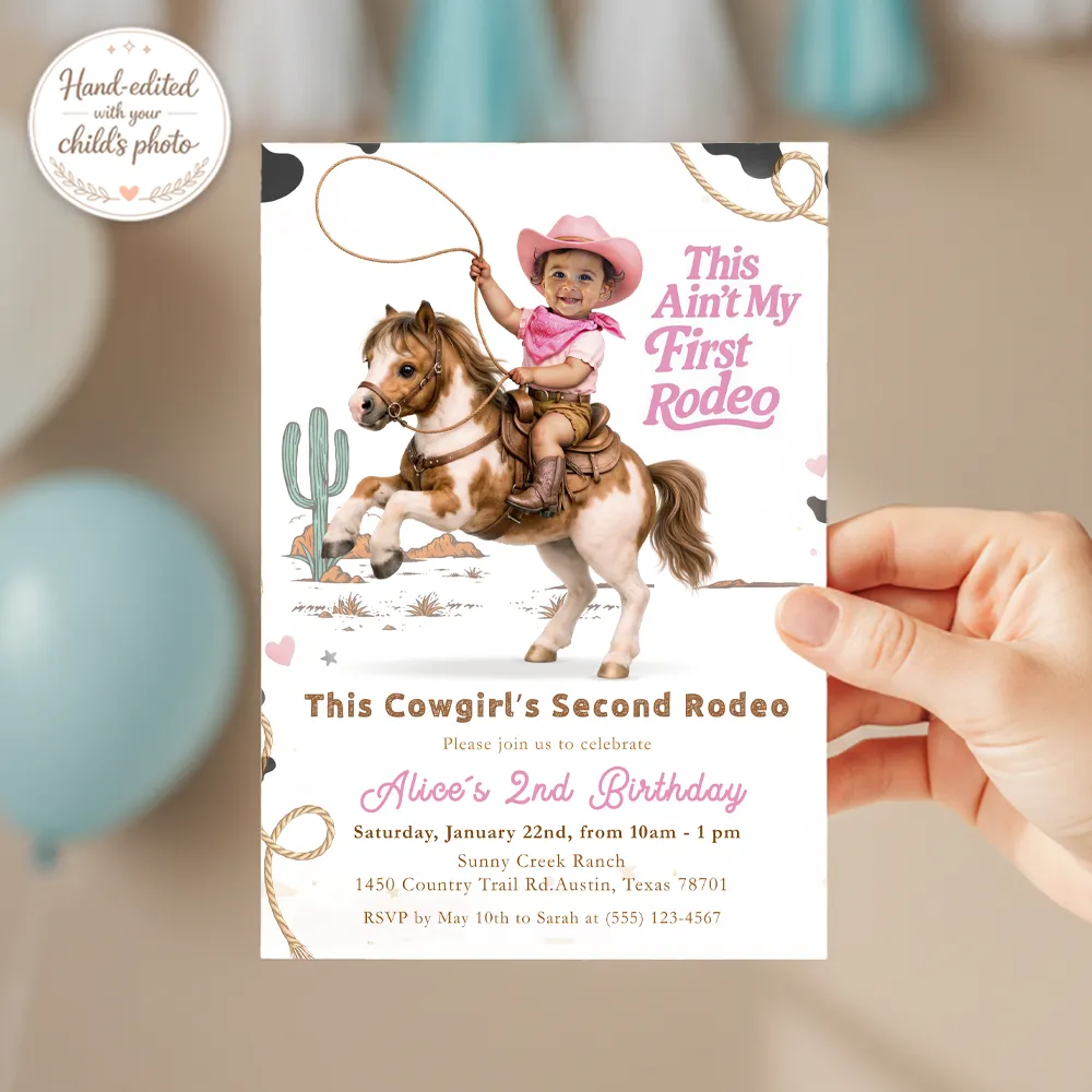 Rodeo Party Invitation for Girls | Pink Cowboy 2nd Birthday Invite 3 Rodeo Party Invitation for Girls | Pink Cowboy 2nd Birthday Invite