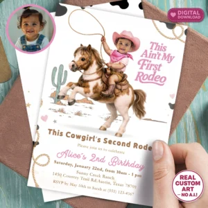 Rodeo Party Invitation for Girls | Pink Cowboy 2nd Birthday Invite