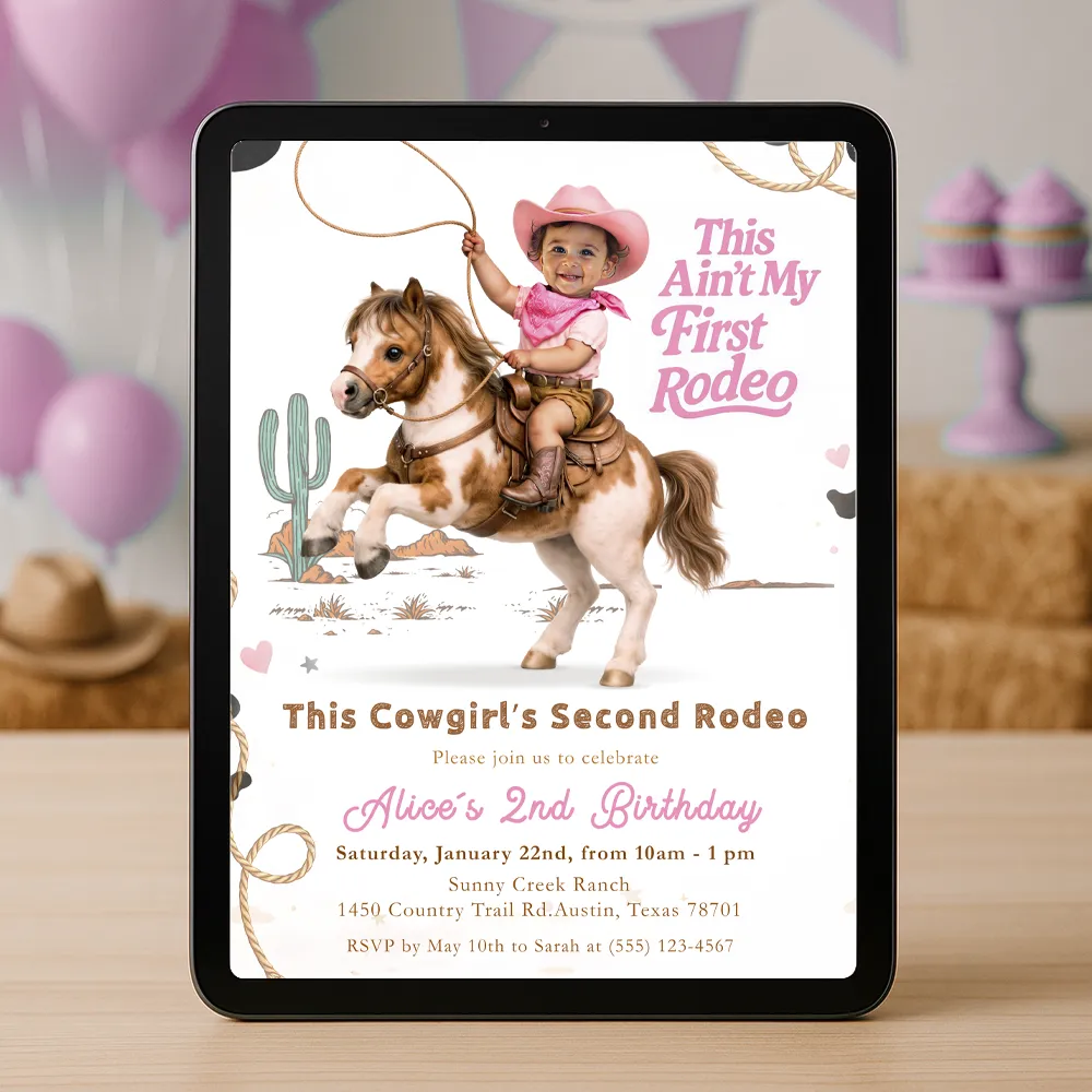 Rodeo Party Invitation for Girls | Pink Cowboy 2nd Birthday Invite 6 Rodeo Party Invitation for Girls | Pink Cowboy 2nd Birthday Invite