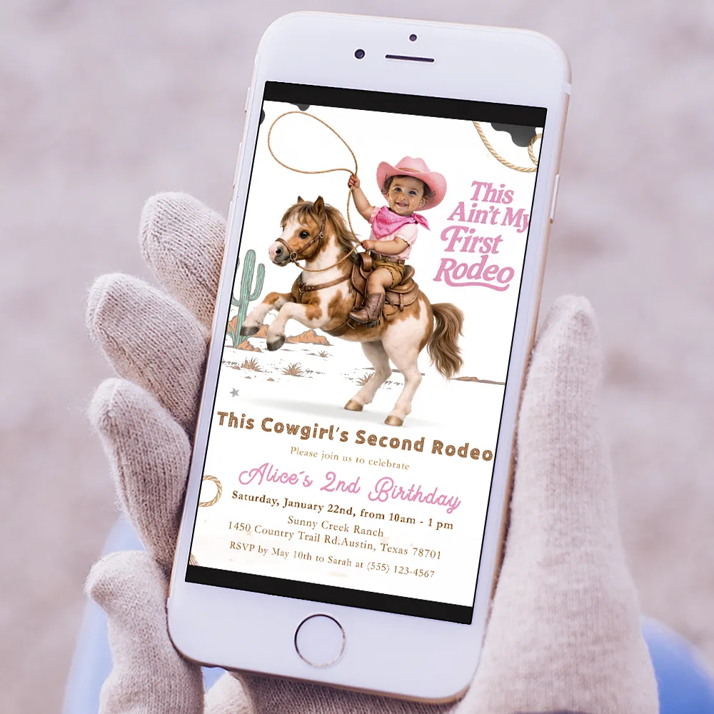 Rodeo Party Invitation for Girls | Pink Cowboy 2nd Birthday Invite 4 Rodeo Party Invitation for Girls | Pink Cowboy 2nd Birthday Invite