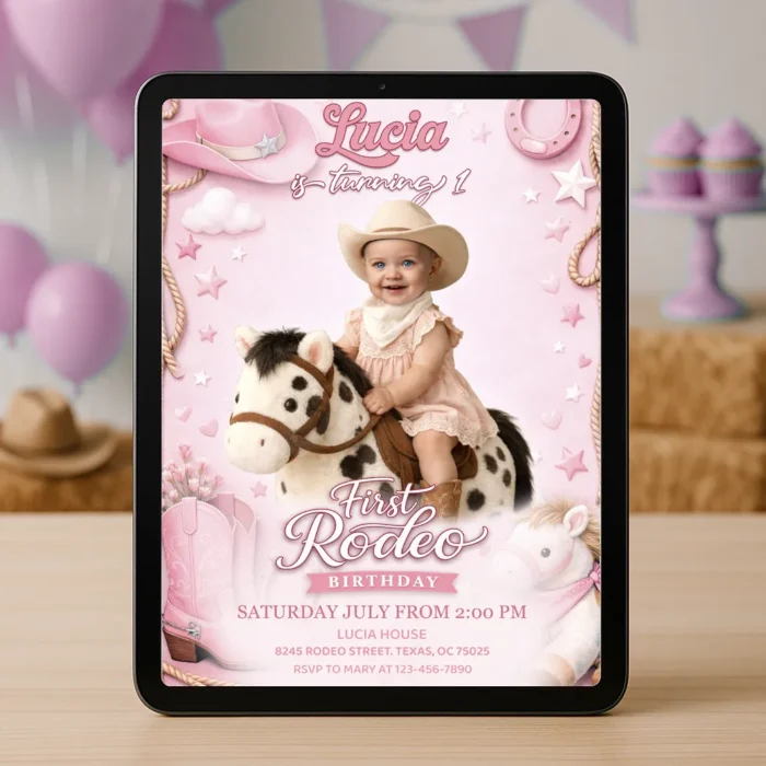 Custom First Rodeo Invitation for Girls | Pink Cowboy 1st Birthday Invite