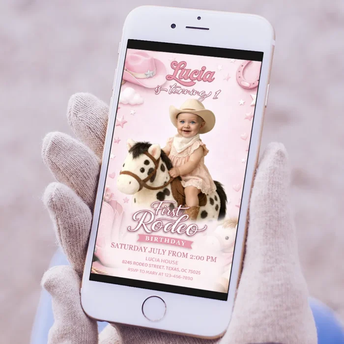Custom First Rodeo Invitation for Girls | Pink Cowboy 1st Birthday Invite