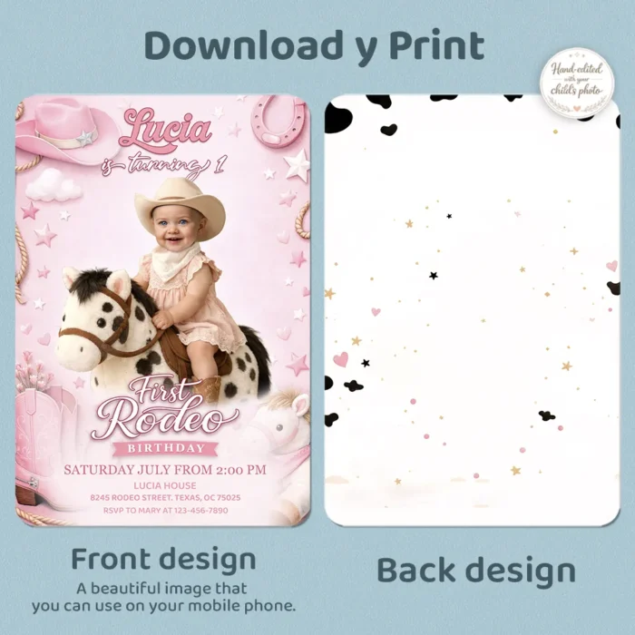 Custom First Rodeo Invitation for Girls | Pink Cowboy 1st Birthday Invite