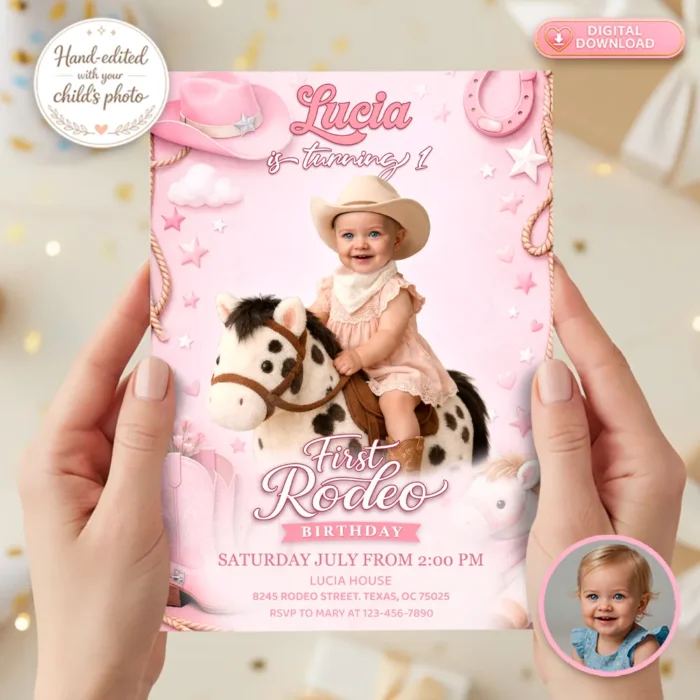 Custom First Rodeo Invitation for Girls | Pink Cowboy 1st Birthday Invite