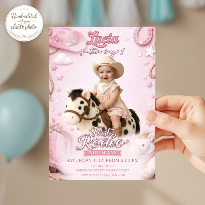 Custom First Rodeo Invitation for Girls | Pink Cowboy 1st Birthday Invite