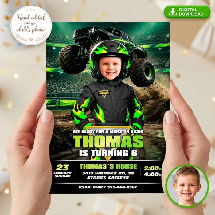 Custom Neon Green Monster Truck Invitation | Big Wheels Invite