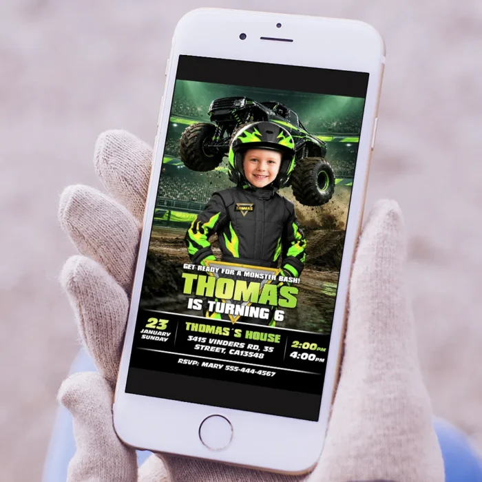 Custom Neon Green Monster Truck Invitation | Big Wheels Invite