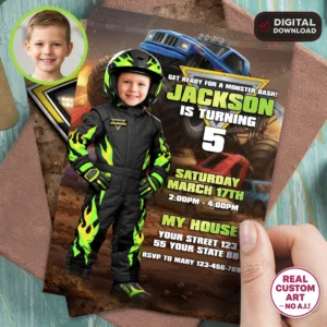 Green Neon Monster Truck Invitation | Big Wheels Invite