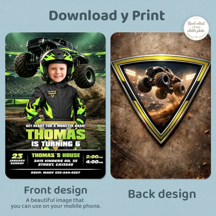 Custom Neon Green Monster Truck Invitation | Big Wheels Invite