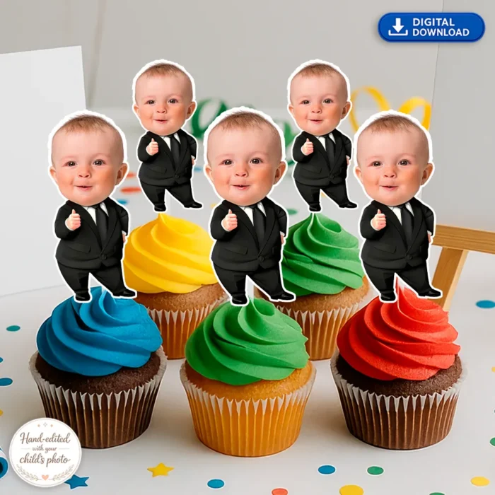 Custom Little Boss Cupcake Toppers | Party Photo Cake Decor