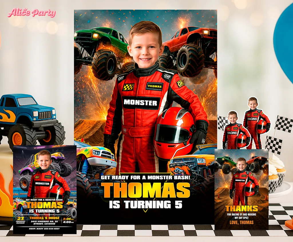 Monster Truck birthday invitation with realistic photo integration of child
