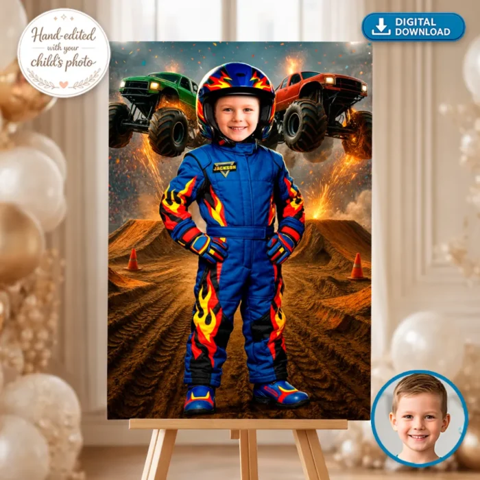 Blue Monster Truck Portrait with Photo – Racing Theme Digital Artwork