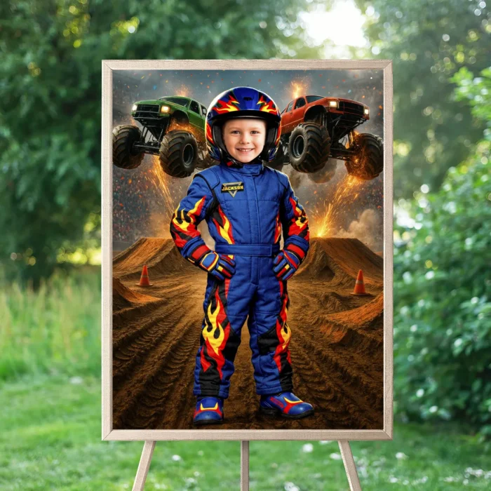 Blue Monster Truck Portrait with Photo – Racing Theme Digital Artwork