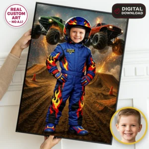 Blue Monster Truck Portrait with Photo – Racing Theme Digital Artwork