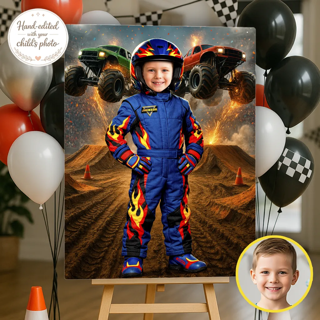 Monster Truck Party Decorations Checklist - Monster Truck birthday party entrance with welcome sign and balloon garland