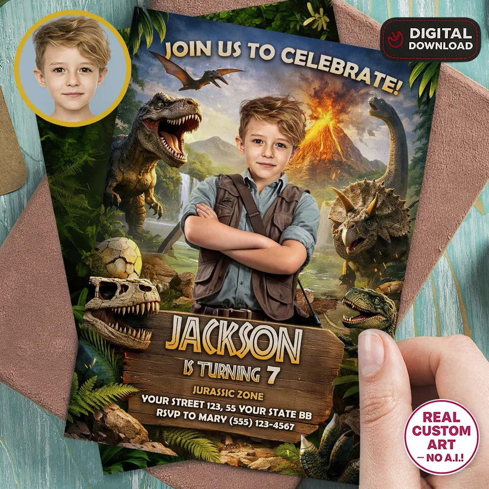 Epic Jurassic Photo Invitation | Custom Dinosaur Party Explorer Invite 1 Epic Jurassic Photo Invitation | Custom Dinosaur Photo Invite