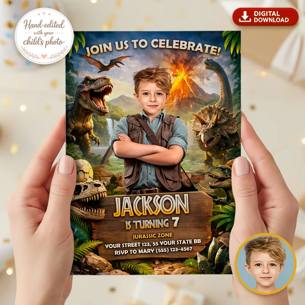 Epic Jurassic Photo Invitation | Custom Dinosaur Party Explorer Invite 2 Epic Jurassic Photo Invitation | Custom Dinosaur Photo Invite
