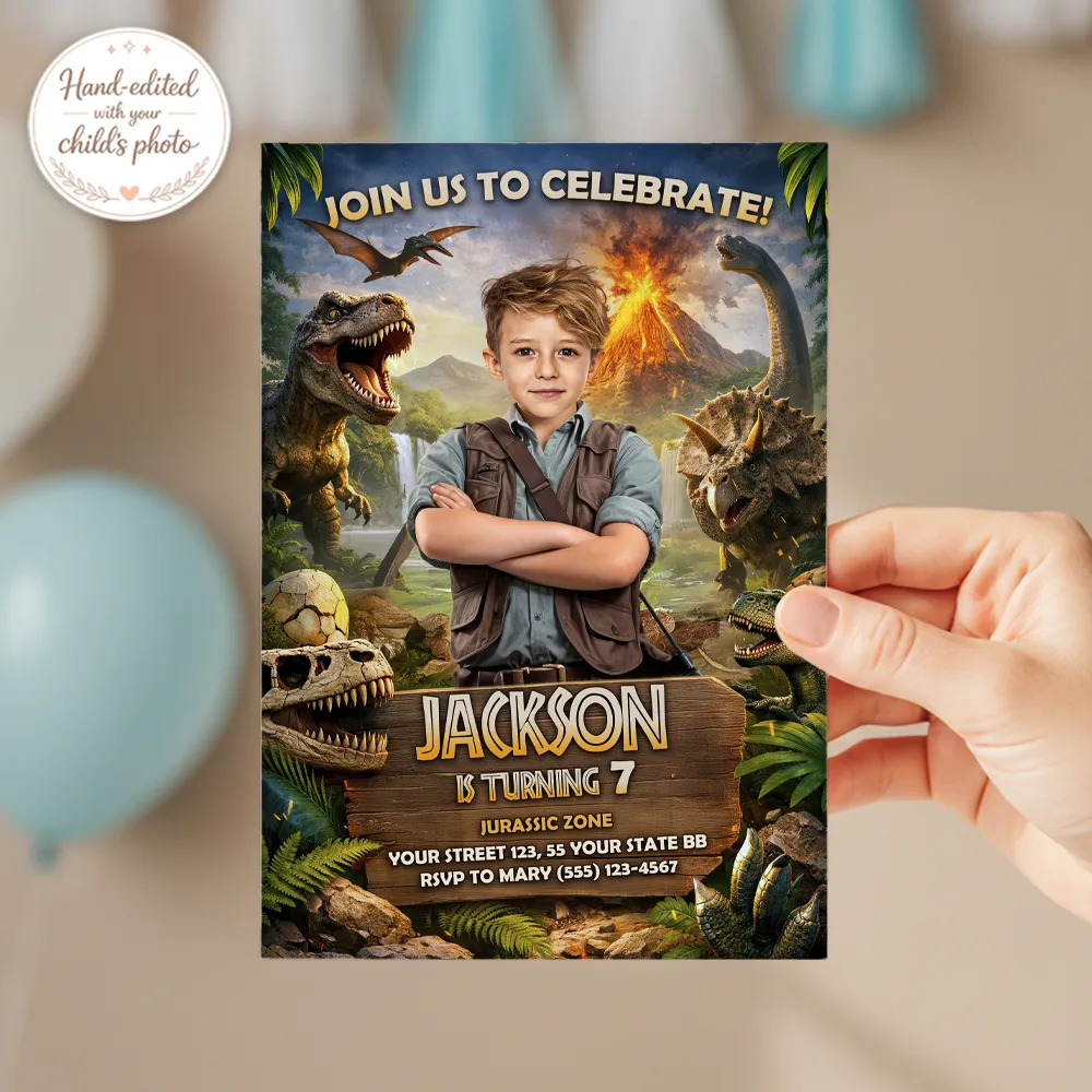 Epic Jurassic Photo Invitation | Custom Dinosaur Party Explorer Invite 3 Epic Jurassic Photo Invitation | Custom Dinosaur Photo Invite