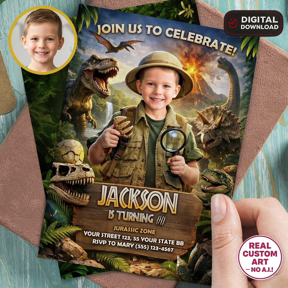 Dino Birthday Party Invitation | Custom Dinosaur Explorer Invite 1 Dino Birthday Party Invitation | Custom Dinosaur Explorer