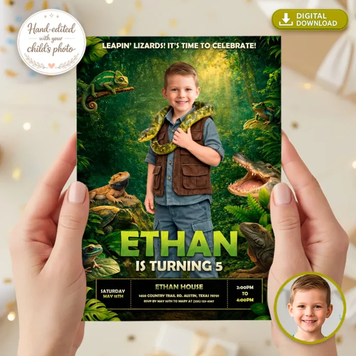 Custom reptile birthday invitation with child photo, Leapin’ Lizards reptile party theme