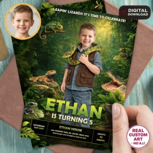 Custom reptile birthday invitation with child photo, Leapin’ Lizards reptile party theme