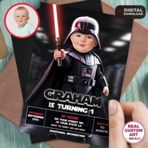 Tiny Dark Galaxy Hero Baby Invitation | Personalized Space Fantasy Photo Design