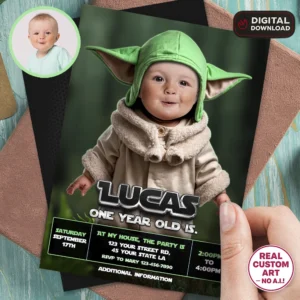 Tiny Galactic Hero Baby Birthday Invitation | Personalized Space Fantasy Photo Design