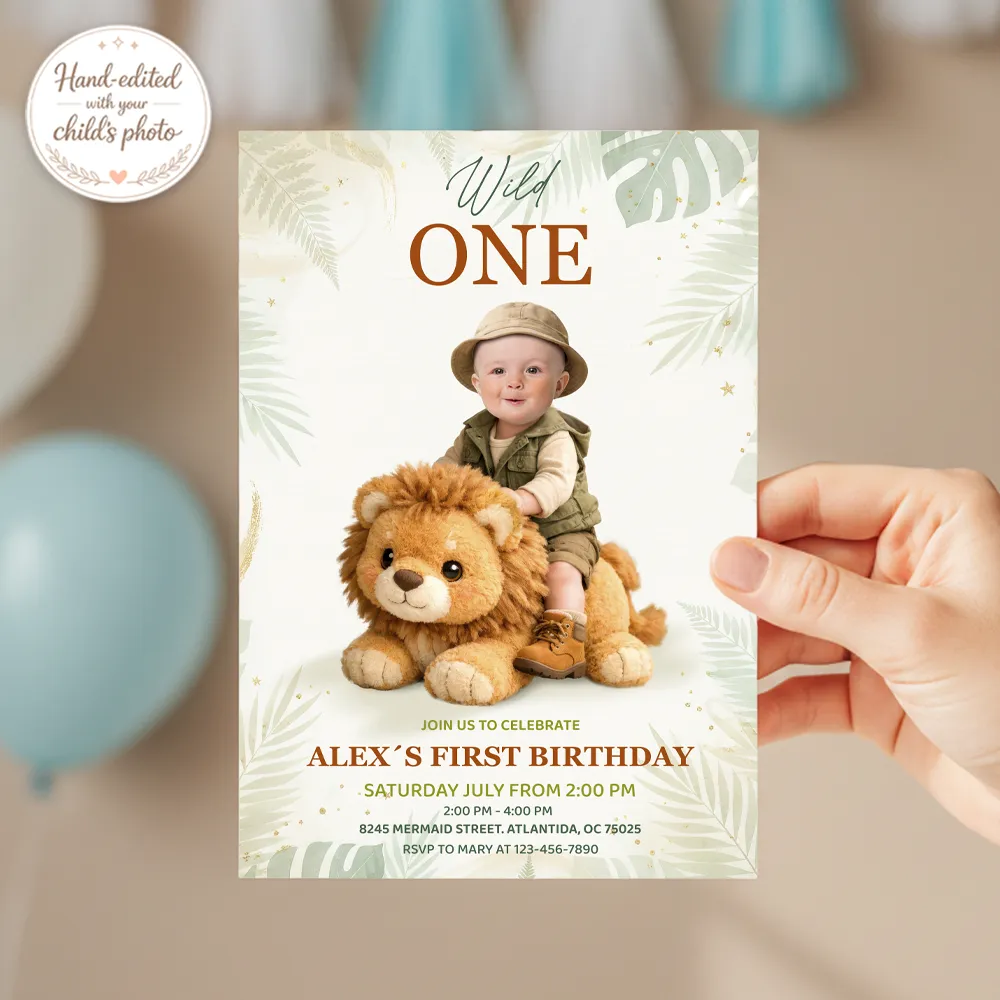 Sweet Wild One Invitation | Cute Teddy Lion Party Birthday 3 Sweet Wild One Invitation – Personalized 1st Jungle Photo Invitation – Delivery 24h – Digital Download
